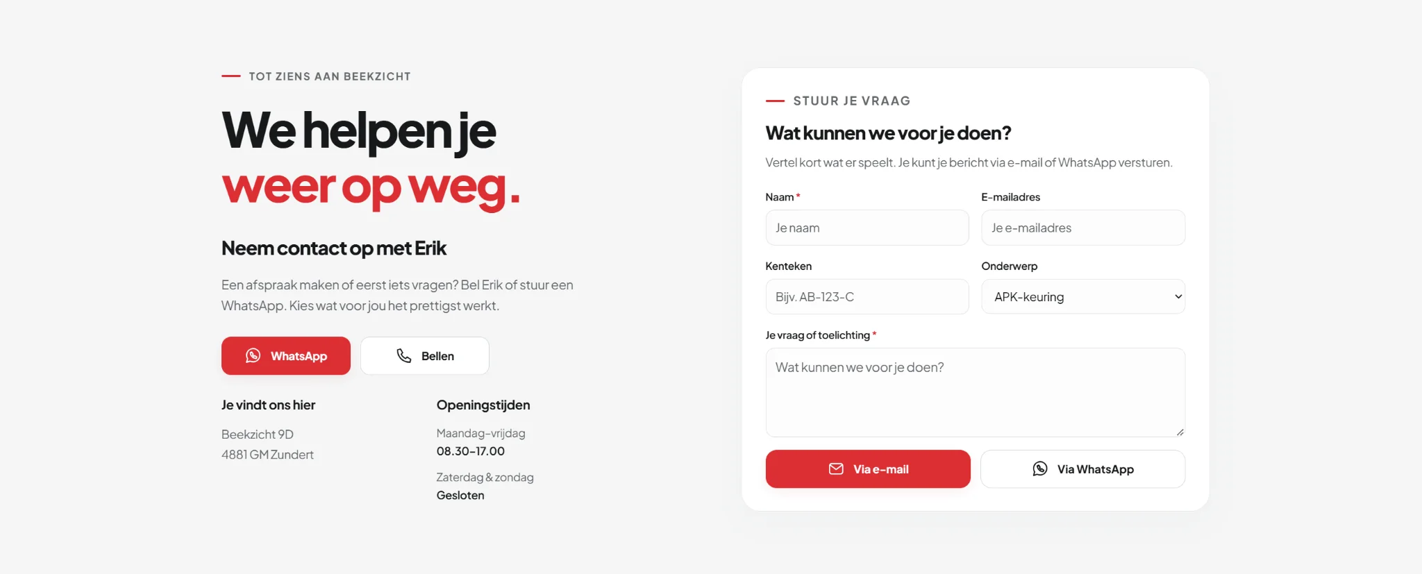 Contactsectie van Garage Zundert met WhatsApp, bellen en contactformulier